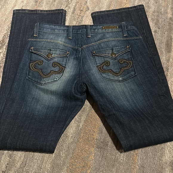 REROCK FOR EXPRESS Dark Blue Boot Cut Distressed Button Flap Pocket Jeans 8 - Picture 2 of 6